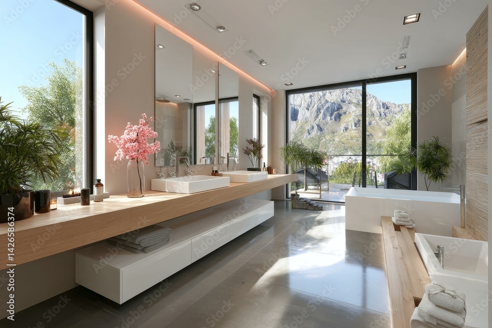 Fototapeta premium Modern Luxurious Bathroom with Panoramic Mountain Views