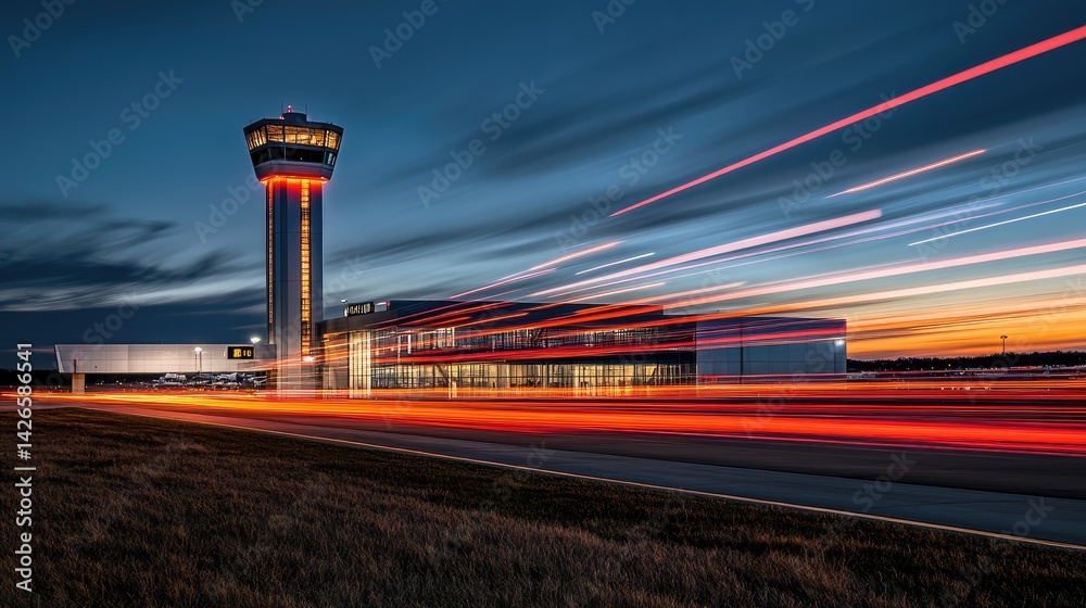Time-lapse composite of aircraft light trails around airport with control tower in the frame