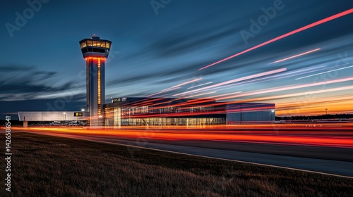 Time-lapse composite of aircraft light trails around airport with control tower in the frame