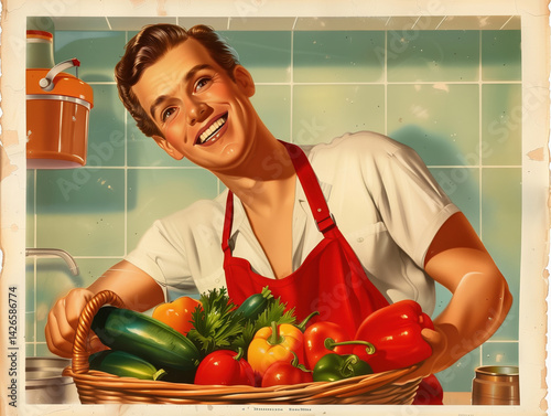 Man in white shirt and apron holding basket of fresh vegetables in tiled kitchen. Retro advertising illustration in vintage pin-up art style. Home cooking and healthy food concept. Design for poster