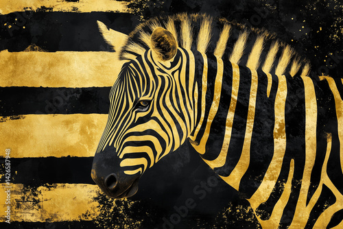 Illustration of a zebra with black and golden stripes