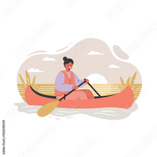 Woman paddling canoe on calm water with natural reeds and clouds vector illustration 
