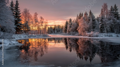 Frozen winter wonderland at sunrise over a still pond. photo