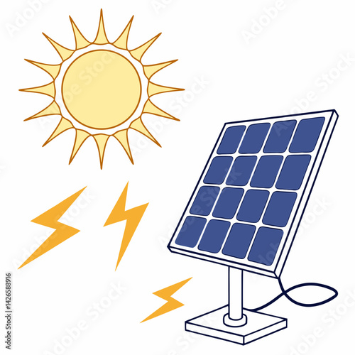 "Solar Panel and Sun Vector Illustration on White Background for Graphic Design"