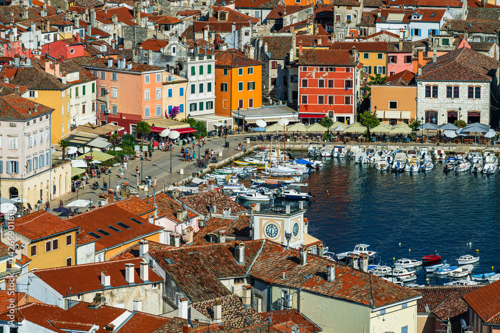 Aerial view over the harbor in the city of Rovinje in Croatia.