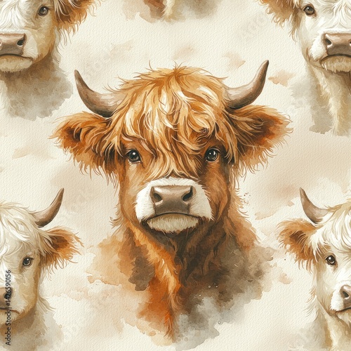 Watercolor Highland Cow Herd Portrait Seamless Pattern on Cream Background