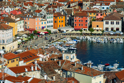 Aerial view over the harbor in the city of Rovinje in Croatia.