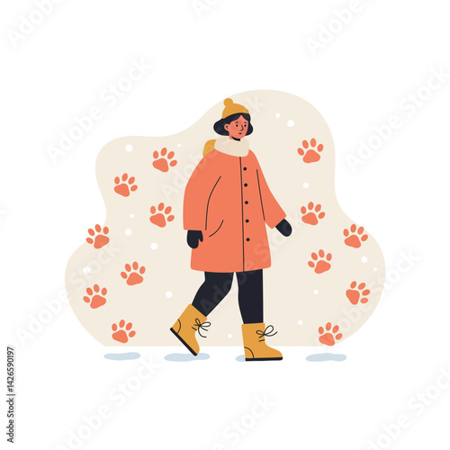 Woman walking in winter clothes with hat and boots surrounded by paw prints vector illustration 