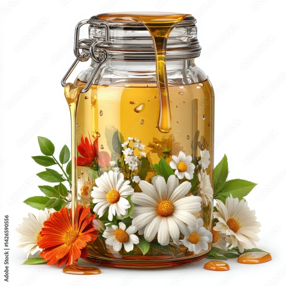 Golden Honey Dripping from Jar with Daisies and Orange Flowers Golden Honey Dripping from Jar with Daisies and Orange Flowers