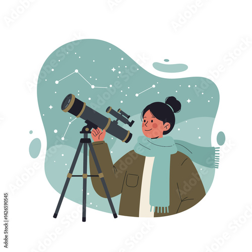 Woman observing night sky with telescope under constellation stars vector illustration in cozy scarf and jacket 