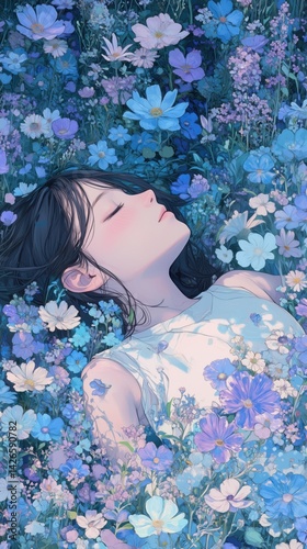 An anime-style illustration of a girl lying peacefully in a field of blue flowers, enjoying a relaxing moment surrounded by nature.