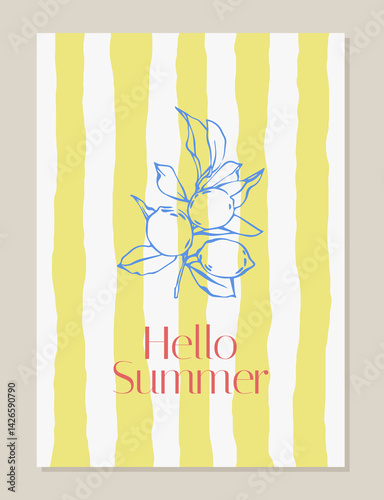 Whimsical poster with lemons. Hello summer poster with lemons and yellow striped background. Mediterranean hand drawn coastal vector illustration for card, poster, invitation. Italian dolce vita style