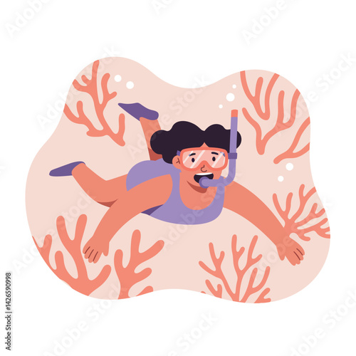 Girl snorkeling underwater surrounded by coral reefs with snorkel mask and fins vector illustration 