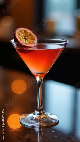 Wallpaper Mural Vibrant pink cocktail with a half passion fruit garnish, served in a martini glass on a reflective bar counter, exuding tropical elegance and modern mixology style. Torontodigital.ca