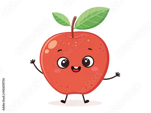 Cheerful apple character with leaf hat and wide grin,  isolated on white background
