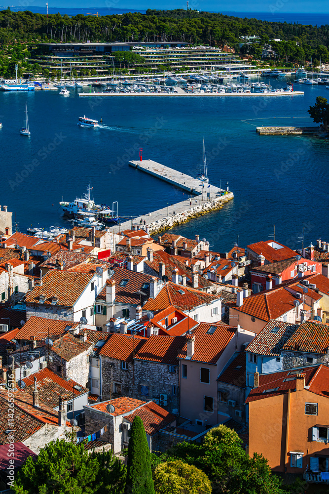 Aerial view over the harbor in the city of Rovinje in Croatia.