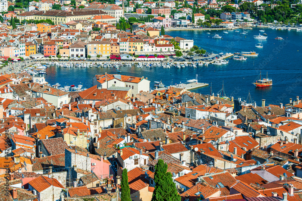 Aerial view over the harbor in the city of Rovinje in Croatia.
