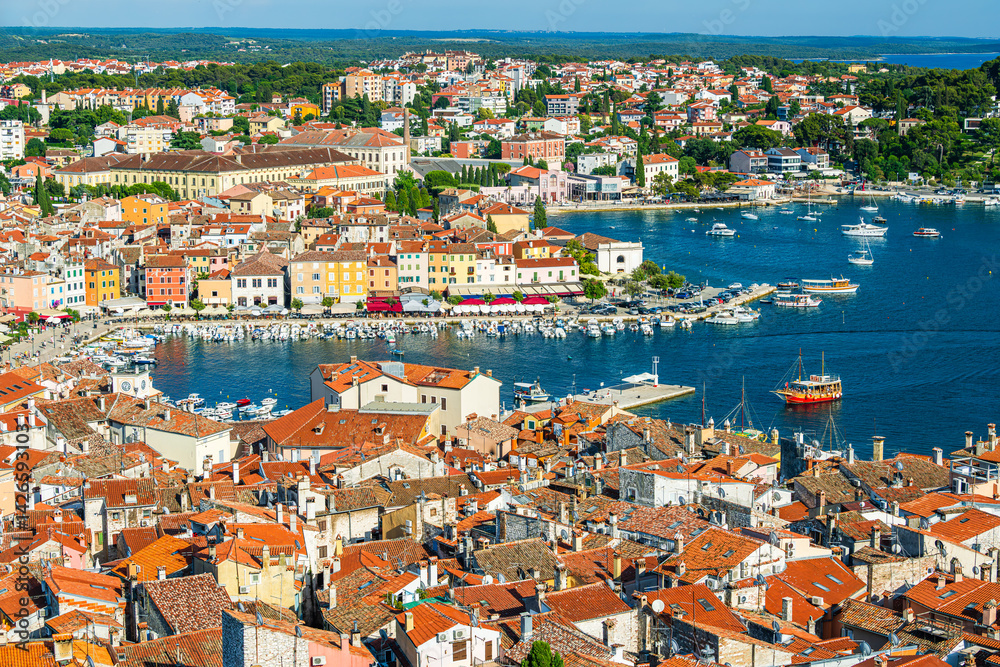 Aerial view over the harbor in the city of Rovinje in Croatia.