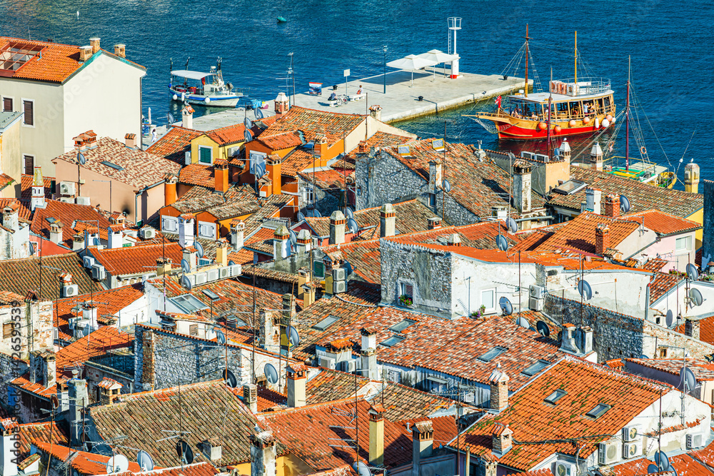 Aerial view over the harbor in the city of Rovinje in Croatia.