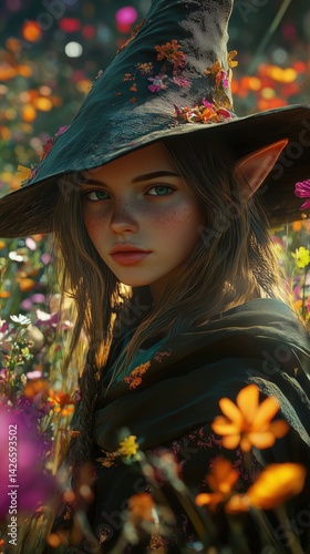 Close-up photo of a beautiful elf-like girl wearing a magical hat, with long elf ears. She is surrounded by lovely flowers, evoking a sense of magic and fantasy.