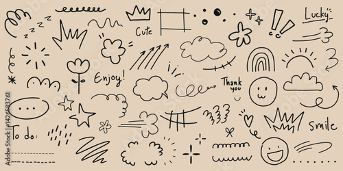 Doodle art with clouds, stars, and smiley faces. Playful doodles, cute clouds, and happy stars. Enjoy whimsical doodles, clouds, and stars. Doodle and hand drawn words, vector set.