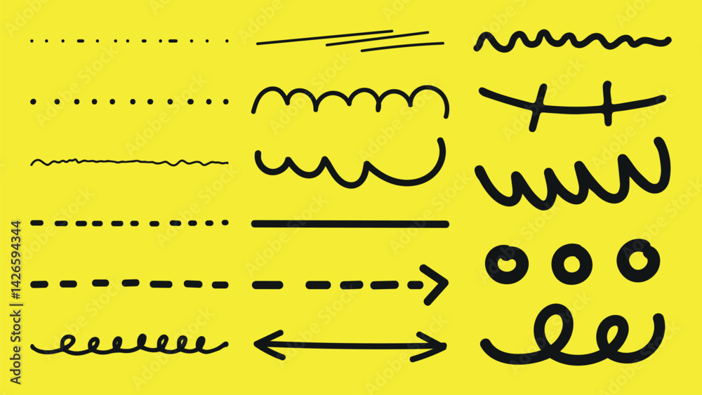 A collection of black hand-drawn lines and arrows on a yellow background. Various line styles, wavy, dotted, and dashed lines. Arrows and circles included. Black hand drawn elements, vector set.