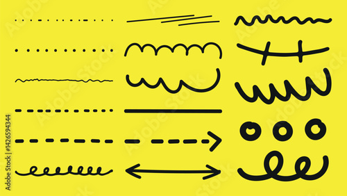 Obraz na płótnie A collection of black hand-drawn lines and arrows on a yellow background. Various line styles, wavy, dotted, and dashed lines. Arrows and circles included. Black hand drawn elements, vector set. w salonie