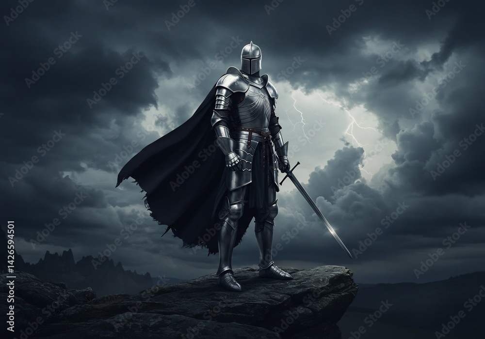 Naklejka premium A majestic knight stands defiantly atop a rocky outcrop, a sword held high against a stormy sky