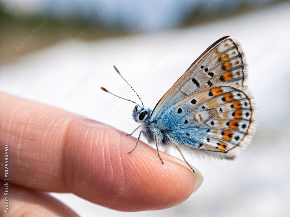 Obraz premium Gentle Butterfly Landing on Finger A Close-Up Nature Photograph