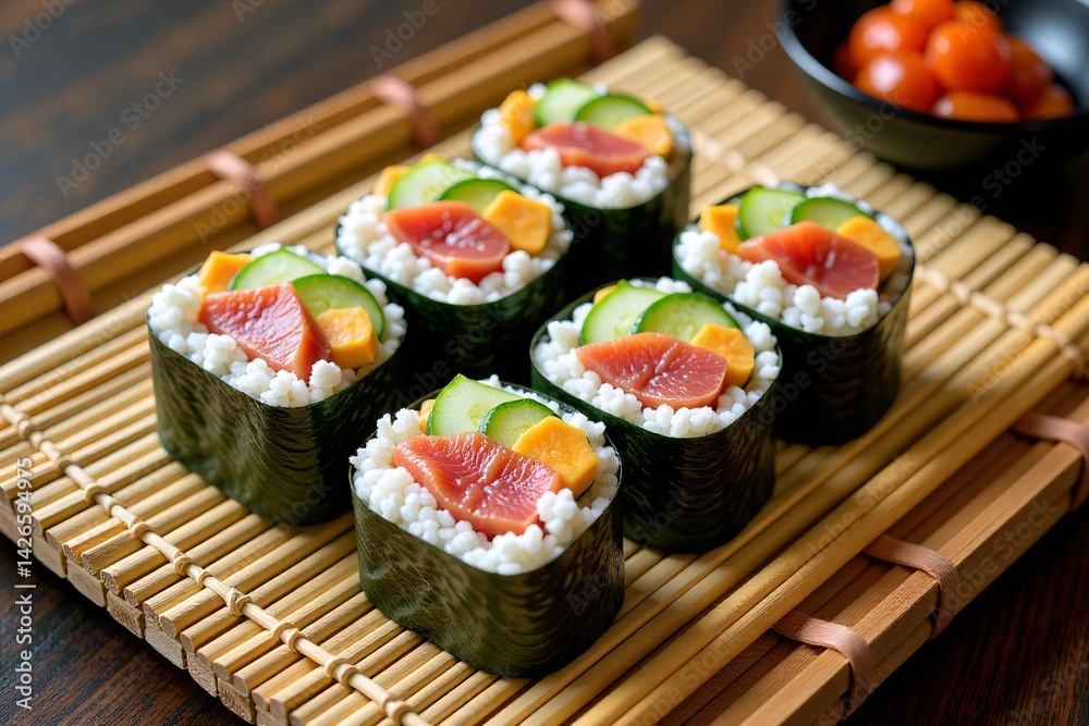 Assorted sushi rolls on wooden platter Assorted sushi rolls on wooden platter