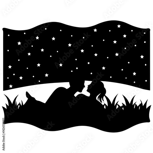 Silhouette Of Couple Lying Under Stars In Field