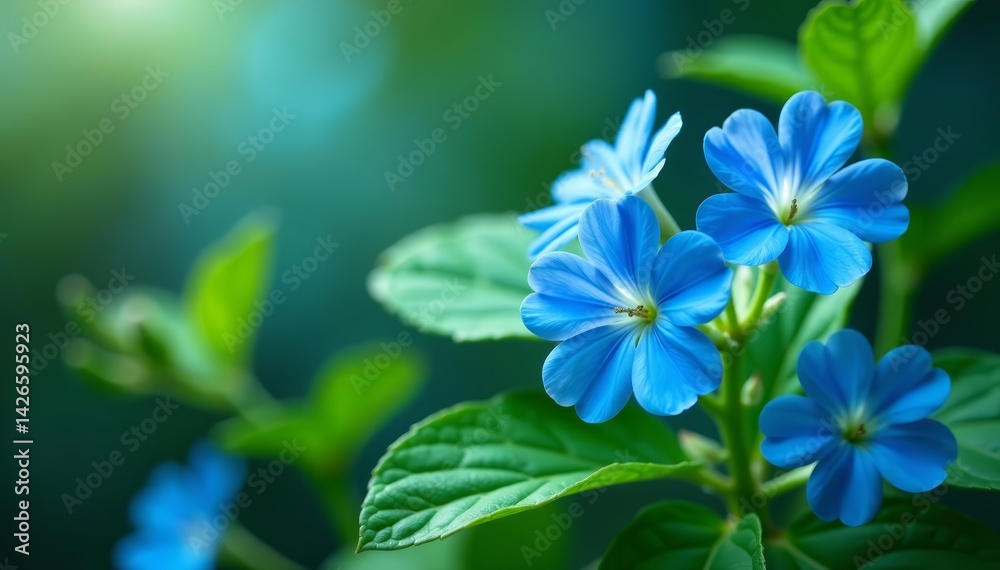 Obraz premium Geranium blue flowers in full bloom with green leaves, petal, colorful, blooming