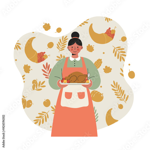 Woman holding roasted turkey on plate with autumn harvest background vector illustration 