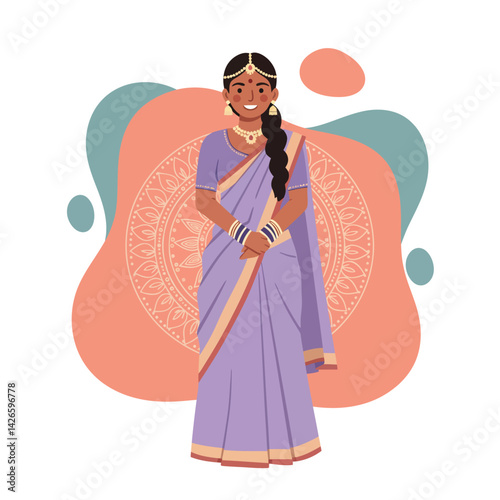 Indian woman wearing traditional purple sari with gold jewelry standing in front of decorative background vector illustration 