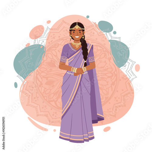 Indian woman in traditional purple saree with gold jewelry standing on decorative mandala background vector illustration 