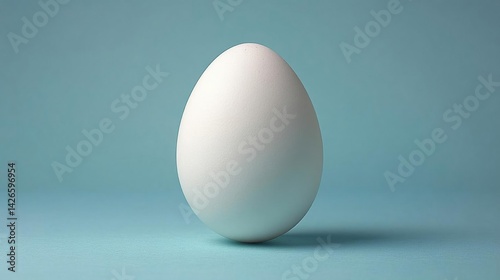A pristine white egg standing upright on a soft blue background, symbolizing purity and simplicity