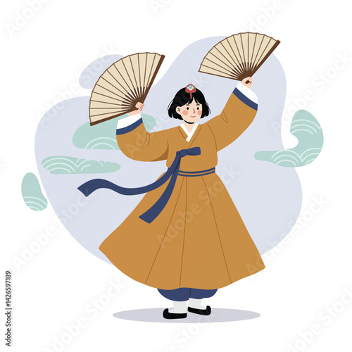 Korean traditional fan dance woman wearing hanbok costume with beige and blue colors vector illustration 