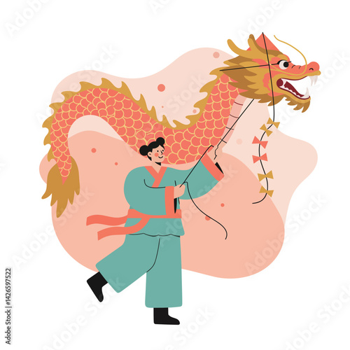 Chinese Dragon Dance Performer in Traditional Costume Holding Large Red and Gold Dragon Puppet Vector Illustration 