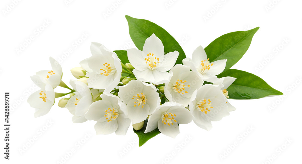 Obraz premium A cluster of white jasmine flowers with green leaves isolated on a transparent black background
