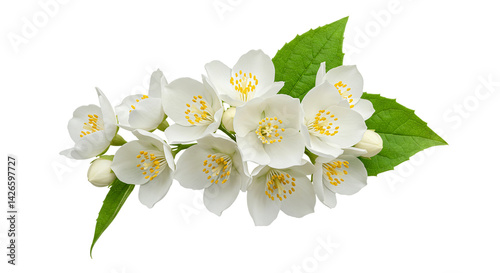 A cluster of white jasmine flowers with yellow centers and green leaves against a black background