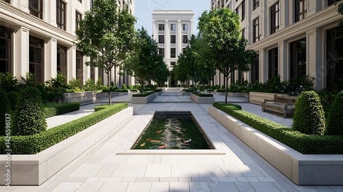 Elegant courtyard with modern architectural design and landscaping