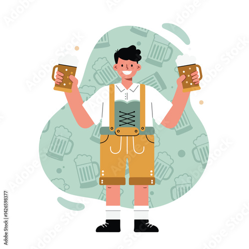 Man in traditional lederhosen holding two beer mugs celebrating Oktoberfest festival vector illustration 