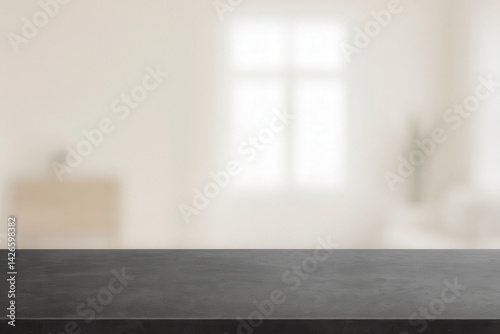 Minimal black stone countertop with soft sunlight and blurred white window background for product presentation, packaging design, or skincare ad backdrop