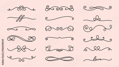 Decorative Vector set. Elegant swirl dividers set. Swirl designs, perfect for invitations. Decorative swirls add elegance. Swirl elements for stylish projects. Hand drawn ornament vector set.