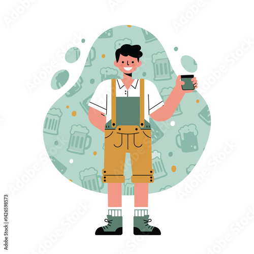 Man in traditional lederhosen holding beer glass with festive background of beer mugs and hops vector illustration 