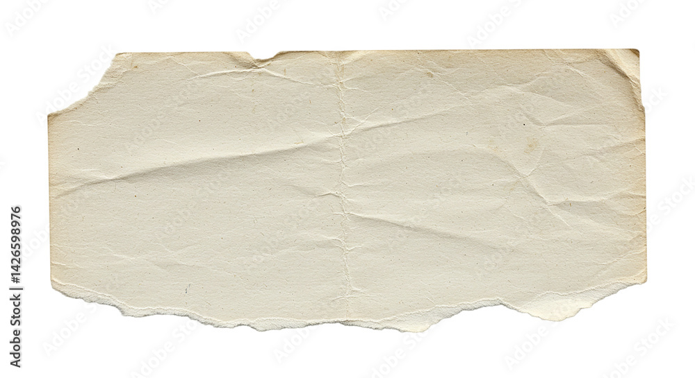 Obraz premium A piece of torn and crumpled off white paper with rough edges isolated on a black background texture