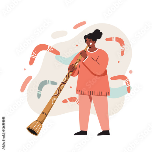 Woman playing didgeridoo traditional wind instrument musical performance vector illustration 