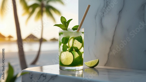 glass of mojito cocktail on the beach water 