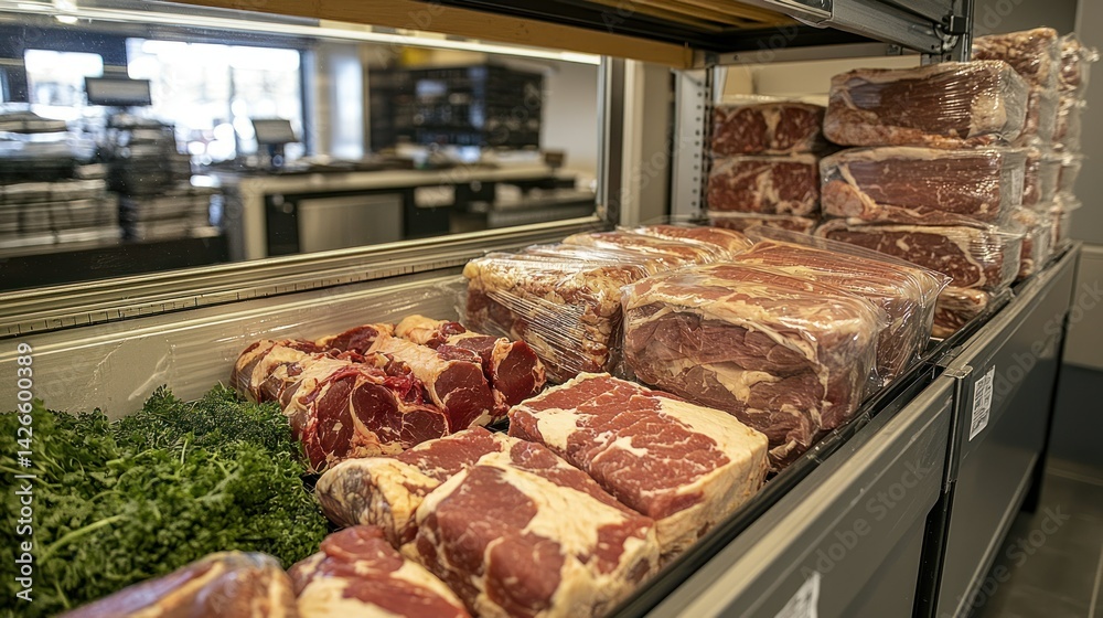 Obraz premium Fresh meat display in refrigerated cooler, grocery store background