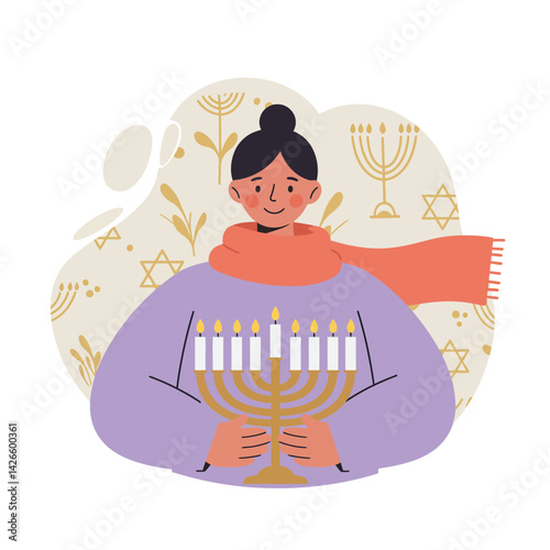 Woman holding Hanukkah menorah with candles celebrating Jewish holiday in cozy scarf and purple sweater vector illustration 
